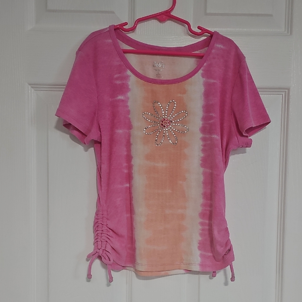 Pink and Orange Tie-Dye T-Shirt with Floral Design